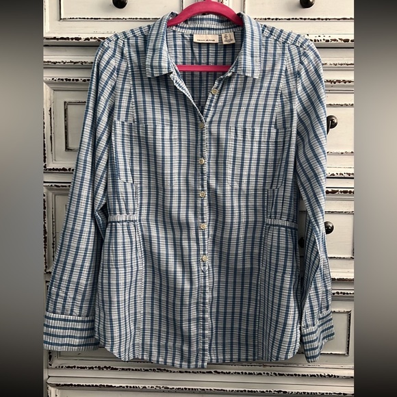 DKNY long sleeve button tan light weight button down with elastic waist size L - Picture 8 of 15